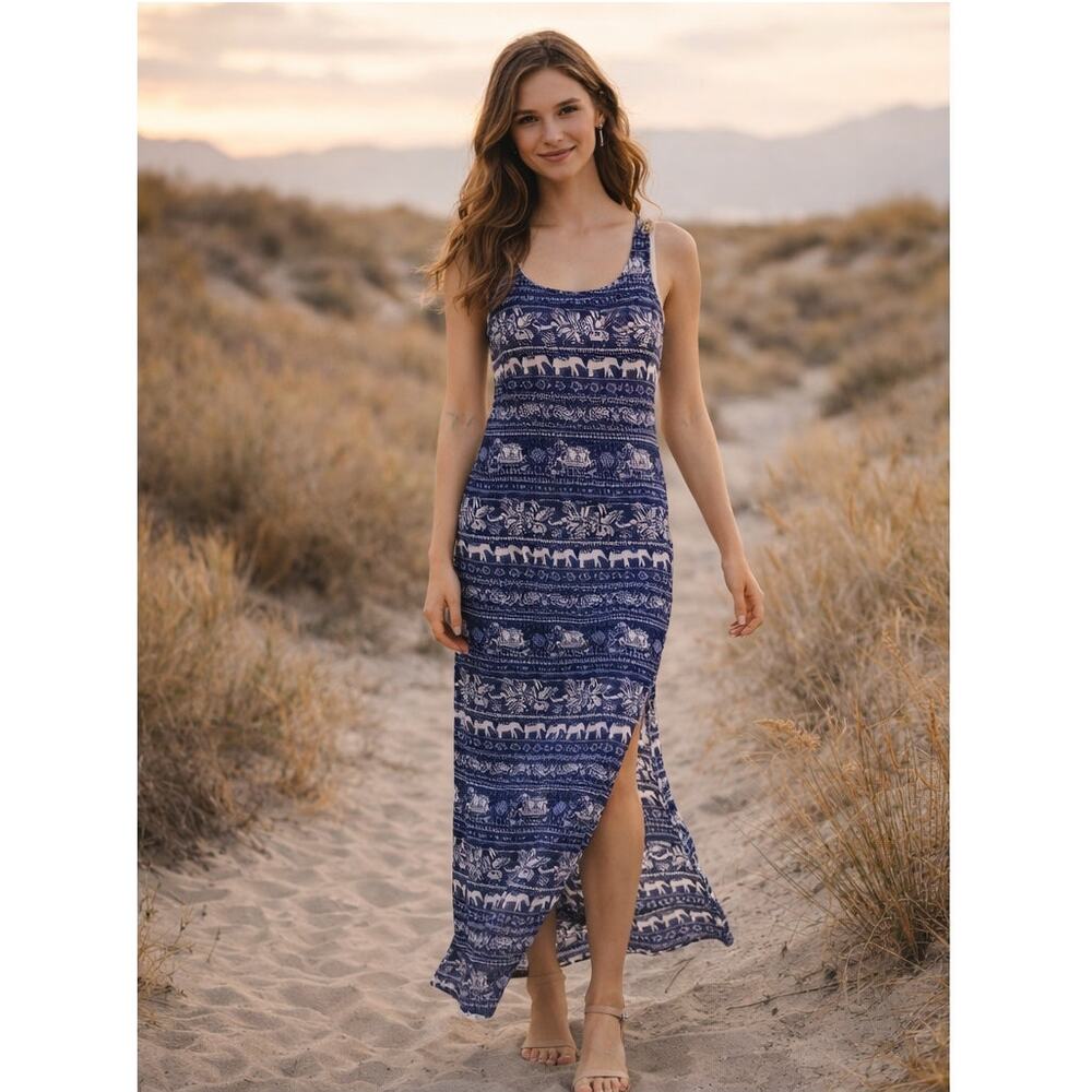 HotKiss Blue White Elephant Print Boho Maxi Dress Open Crochet Back Festival XS
